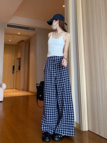 mcc lemons house girl Zhao Lusi Nor same style plaid loose wide leg mid-low waist casual pants women's long pants