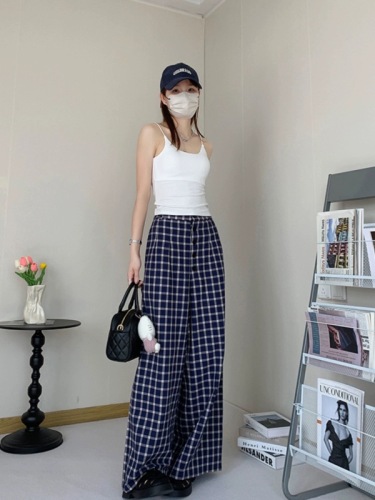 mcc lemons house girl Zhao Lusi Nor same style plaid loose wide leg mid-low waist casual pants women's long pants