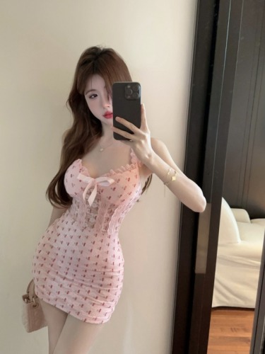 Real shot~Fashion fans with breast pads, pure lust lace, sweet and spicy girl slim-fitting butt-covering sleeveless dress for women