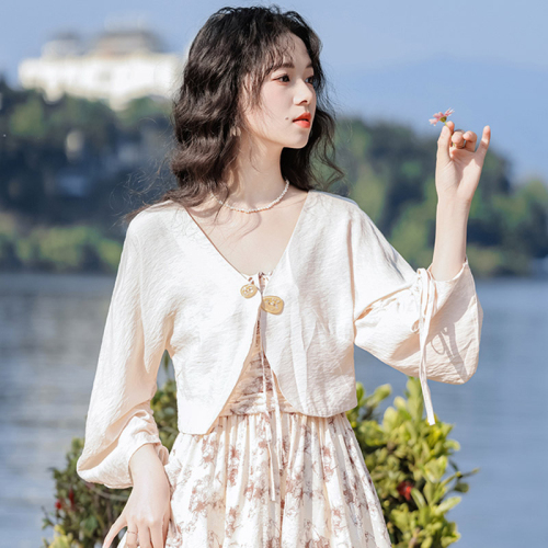 Official picture of Chinese style thin sun protection cardigan short coat women's summer outer shawl new Chinese style long-sleeved drawstring top