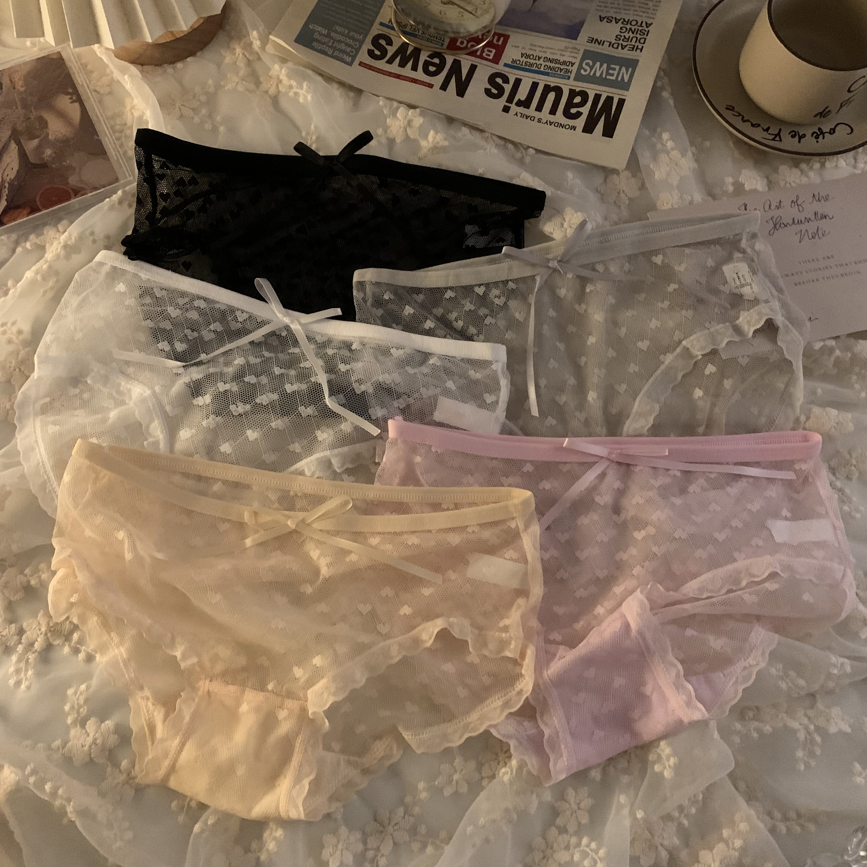 Real shot of mesh lace panties, women's loving sexy shorts, pure cotton crotch seamless breathable briefs 5 pack