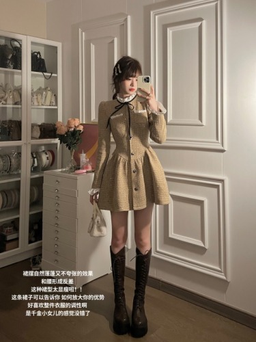 2024 Spring and Autumn New High-end Celebrity Xiaoxiang Style Long-Sleeved Dress Women's French Style Slim Short Skirt