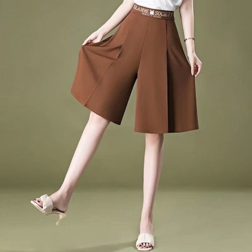 Summer thin high-waisted large size slim-covering six-point wide-leg pants ice silk drape loose knee-length skirt for women