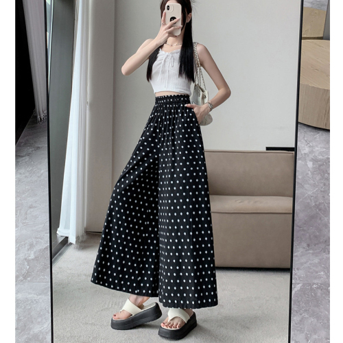 Three-dimensional waist with hemmed black and white polka dot wide leg culottes 2024 summer thin casual pants high waist