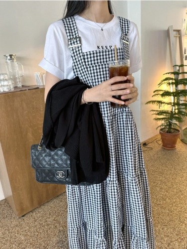 Size update chic Korean style summer casual fashion retro age-reducing plaid sleeveless suspender dress