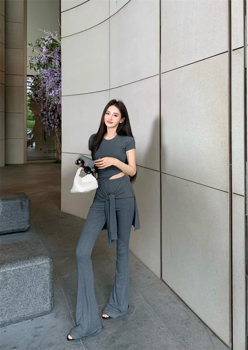 Actual shot of fashionable and western design solid color slim fit top and pants suit