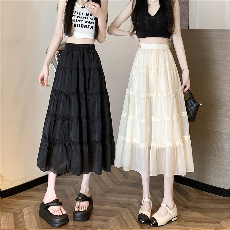 Real shot gauze skirt high waist cake skirt medium length straight skirt a line for women