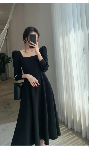 High-quality large-size square-neck black long-sleeved dress for women, thin autumn waist slimming dress