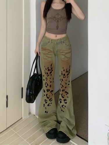 Real shot ~ American high street hottie retro leopard print micro-flare niche jeans for women new slim pants