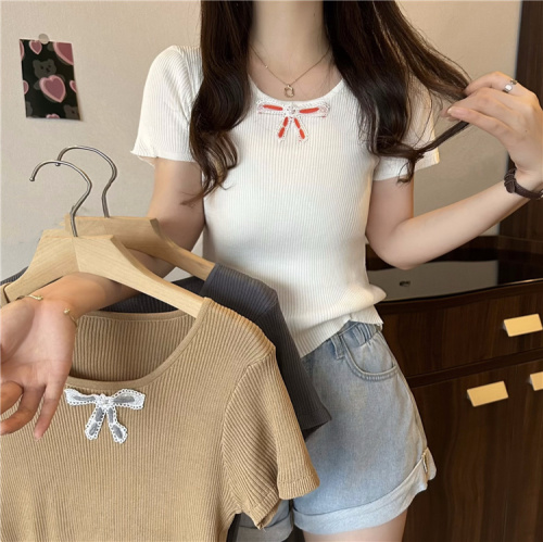 Real shot~Summer new round neck three-dimensional bow slim knitted short-sleeved top