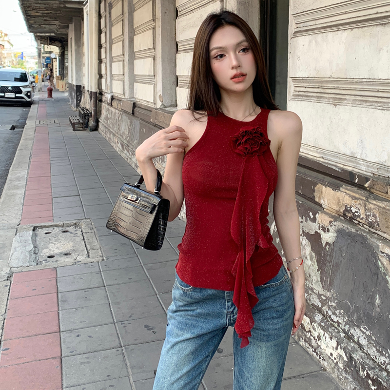 Tmall quality 2024 new sling three-dimensional flower decoration sleeveless knitted bottoming streamer top for women