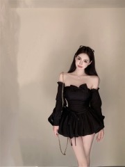 Real shot of black pure desire age-reducing bow tube top puffy dress with design sleeves and short skirt for women