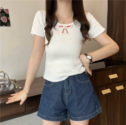 Real shot~Summer new round neck three-dimensional bow slim knitted short-sleeved top