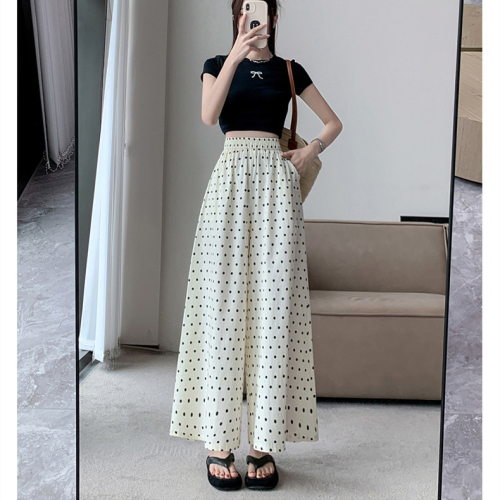 Three-dimensional waist with hemmed black and white polka dot wide leg culottes 2024 summer thin casual pants high waist