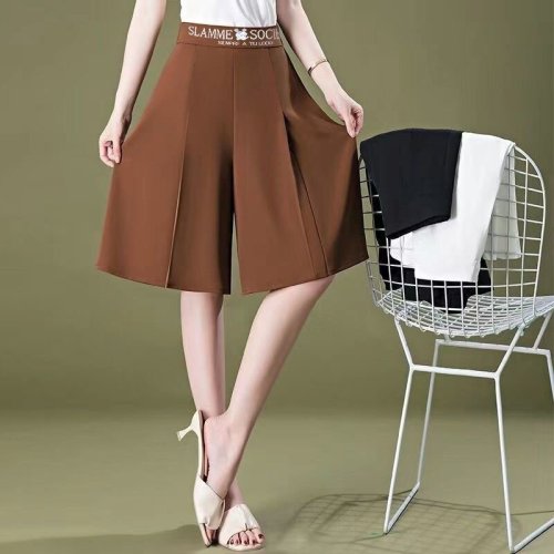 Summer thin high-waisted large size slim-covering six-point wide-leg pants ice silk drape loose knee-length skirt for women