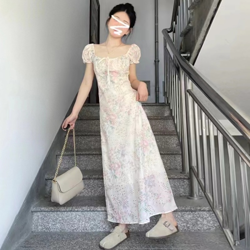 Square Neck Puff Sleeve Floral Dress Women's Summer 2024 New Tea Break French Temperament Niche Design Long Skirt