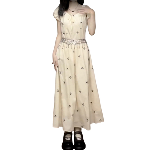 French Gentle Wave Point Puff Sleeve Dress Women's 2024 Summer Waist Slimming A-Line Skirt First Love Long Skirt