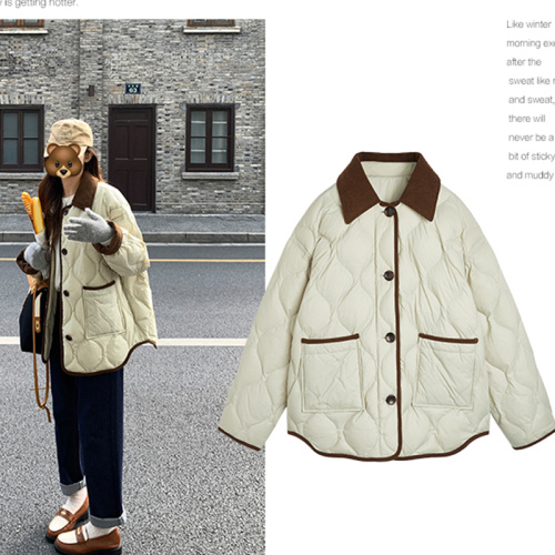 Corduroy light and thin down cotton jacket for women 2024 new style small fragrant rhombus short style cotton jacket