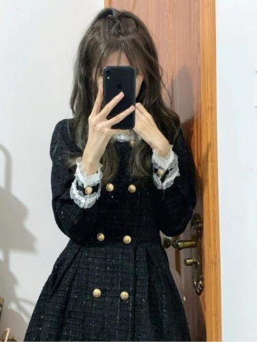 Retro tweed dress for women spring and autumn Hepburn style sweet and cool little black dress double-breasted ladylike temperament puff skirt