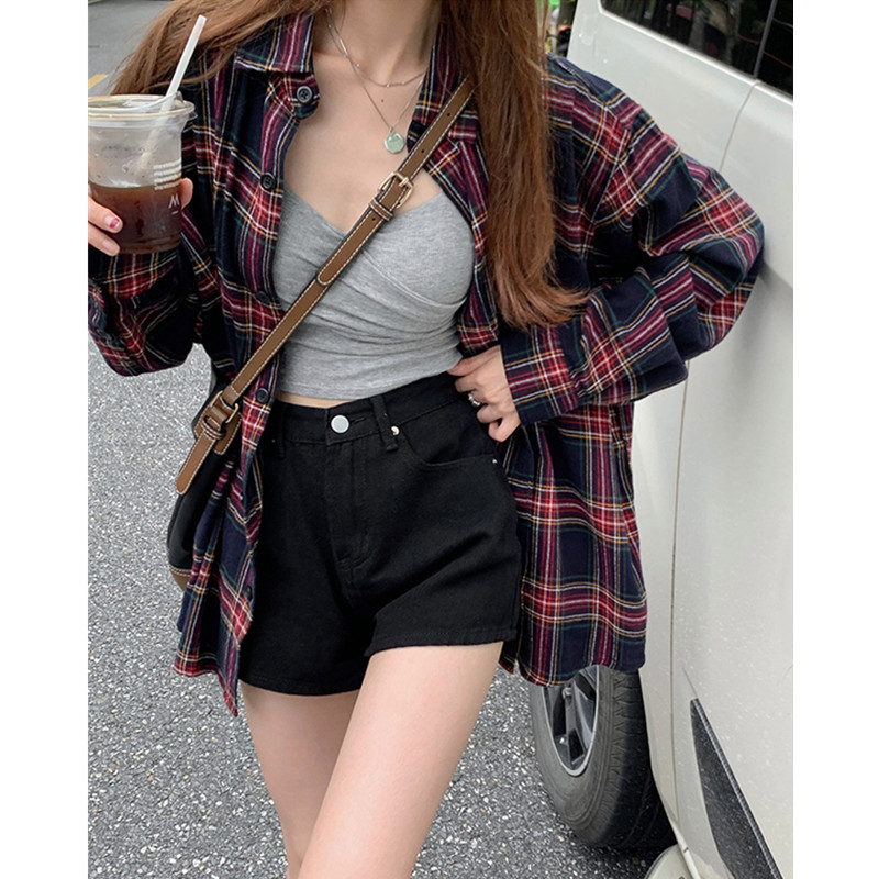 非實拍 美式復古格子襯衫寬鬆中長款慵懶風長袖襯衣上衣外套