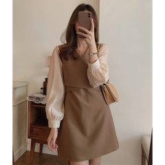 Temperament Girls Series Autumn Patchwork Slimming Short Dress Women's Long Sleeve Waist Slimming Skirt