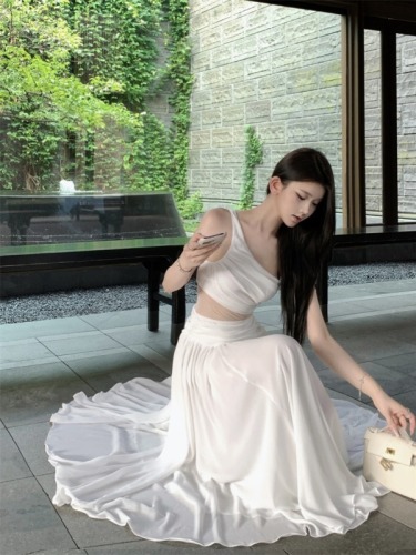 Real shot of romantic waist slimming slanted shoulder splicing mesh long irregular chiffon dress