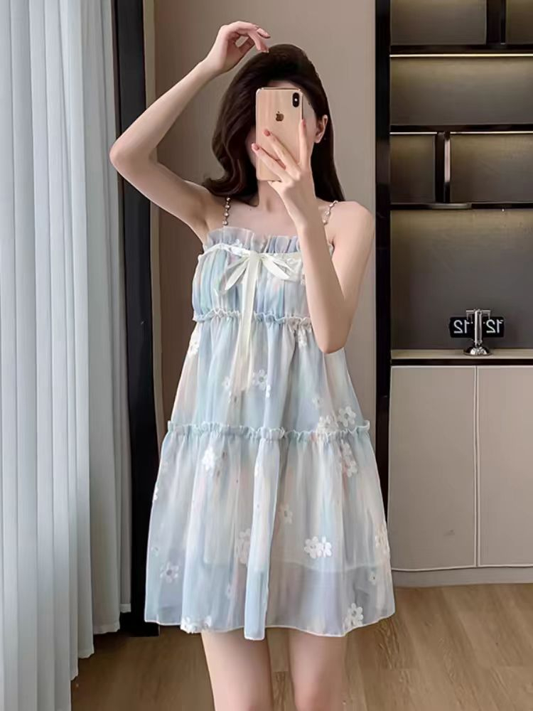 Official picture French embroidery printed suspender skirt summer gentle and sweet lace fairy skirt