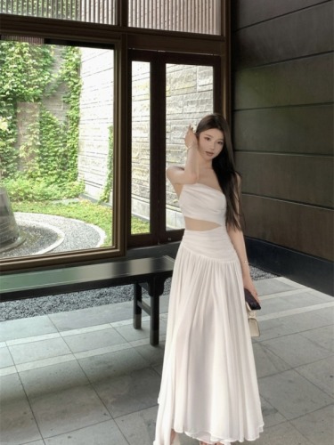 Real shot of romantic waist slimming slanted shoulder splicing mesh long irregular chiffon dress