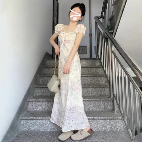 Square Neck Puff Sleeve Floral Dress Women's Summer 2024 New Tea Break French Temperament Niche Design Long Skirt