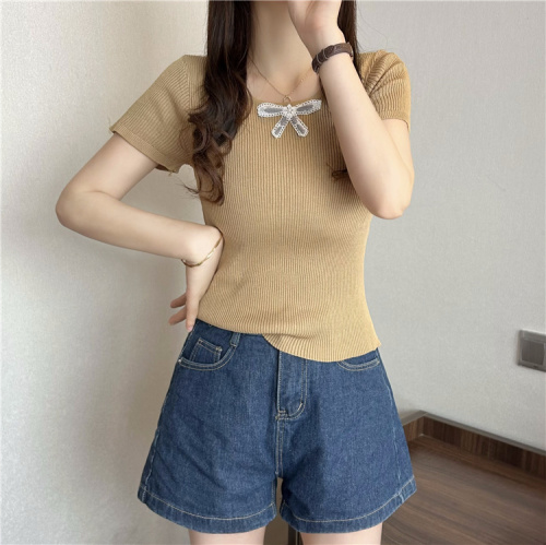 Real shot~Summer new round neck three-dimensional bow slim knitted short-sleeved top