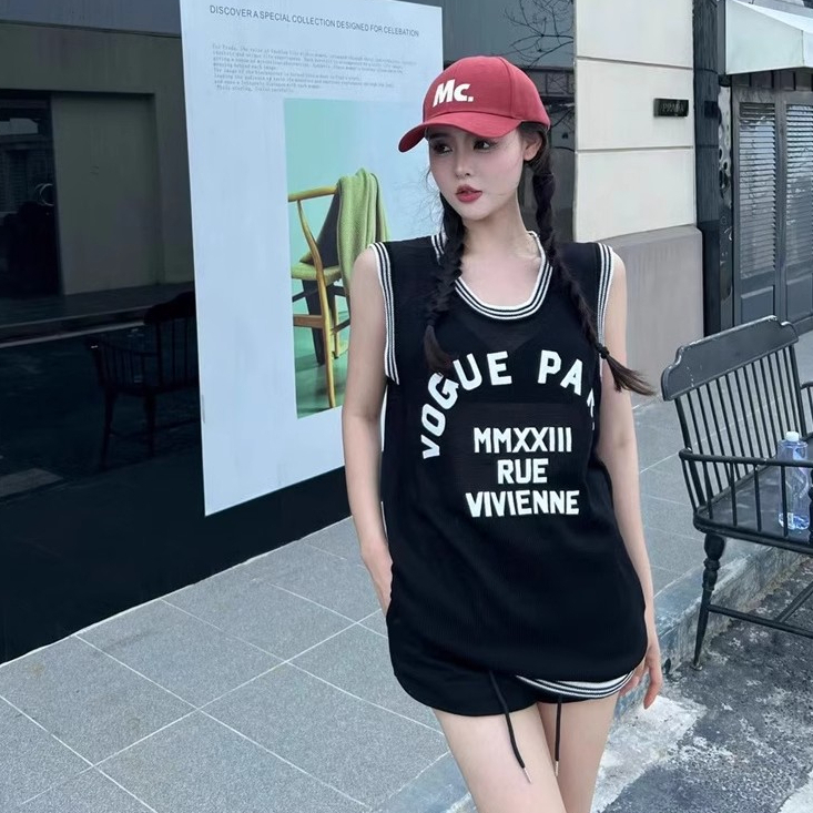 Korean T-shirt for women 2024 summer sports sleeveless outer wear letter vest loose American casual hot girl top