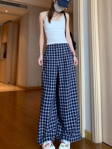 mcc lemons house girl Zhao Lusi Nor same style plaid loose wide leg mid-low waist casual pants women's long pants