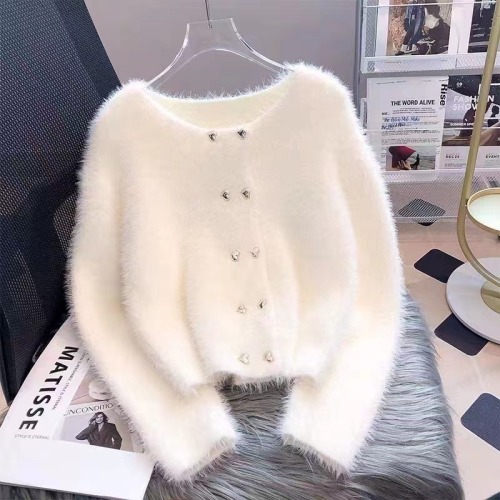 Imitation mink knitted cardigan sweater jacket women's autumn and winter thickened short style 2024 new European goods high-end good-looking