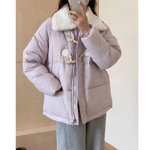 Winter new style horn button down cotton coat women's short removable collar lambswool collar thickened off-season cotton winter coat