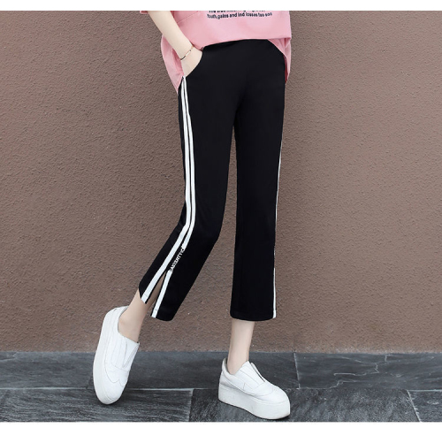 High waist slit sweatpants for women 2024 spring and summer side striped harem pants slimming large size elasticated eight-point casual pants