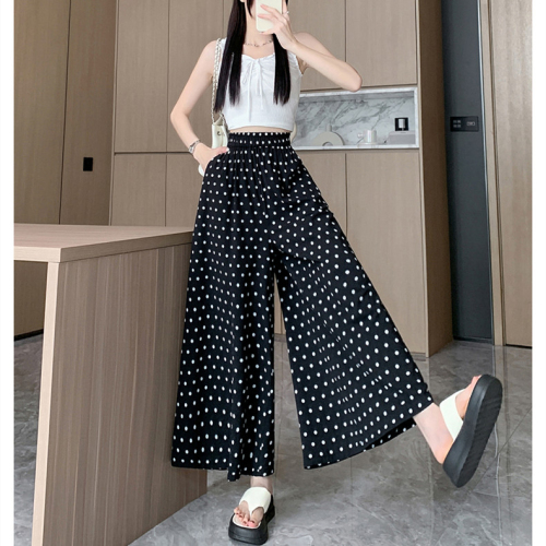 Three-dimensional waist with hemmed black and white polka dot wide leg culottes 2024 summer thin casual pants high waist