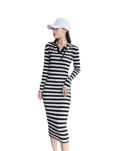 Spring and summer new style black and white striped long over-the-knee sweatshirt dress slim hooded slim hip-hugging long skirt