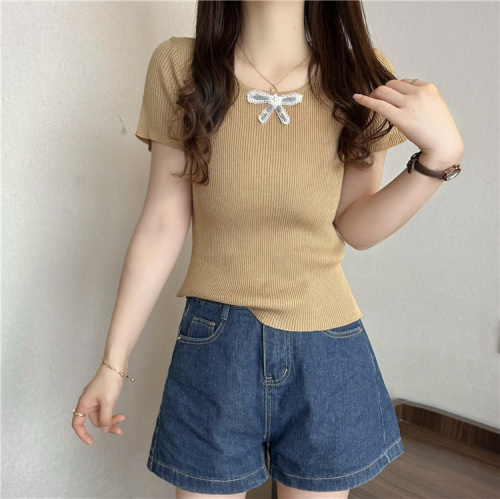 Real shot~Summer new round neck three-dimensional bow slim knitted short-sleeved top