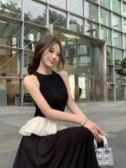 Modal French fake two piece splicing halter neck T-shirt for women summer slimming sleeveless vest top