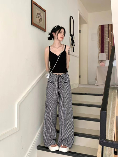 Original fabric high quality noisy home plaid casual pants for women summer 2024 new style high waist slimming design