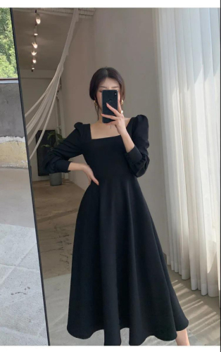 High-quality large-size square-neck black long-sleeved dress for women, thin autumn waist slimming dress