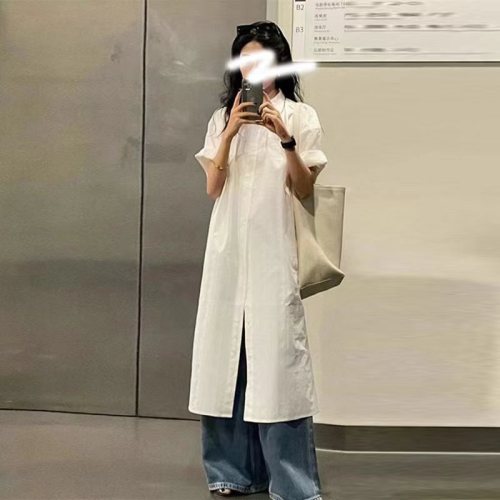 New Chinese style white lazy national style shirt dress for women summer 2024 new loose design layered long skirt