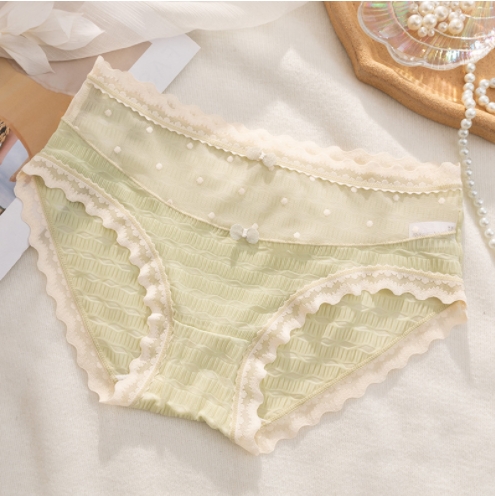 Cream lace girly fairy bow seamless comfortable hip-covering mid-waist lace panties women's spring new style