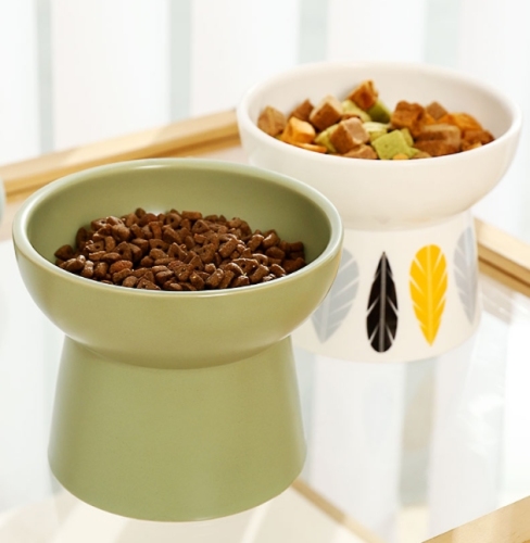 Cat bowl ceramic cat food bowl dog bowl large capacity cat food bowl eating and drinking water rice bowl high foot anti-knock over pet supplies