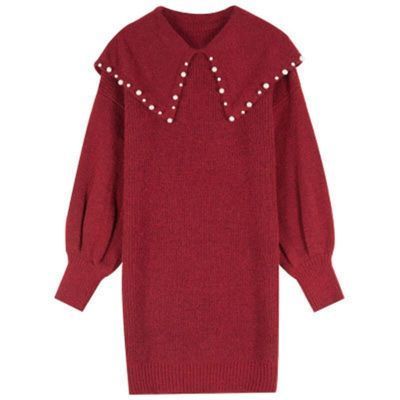 Mid-length doll collar red sweater dress for women, loose and slim dress for winter, new Korean style retro skirt