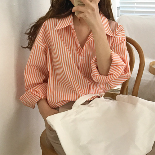 Korean chic niche simple lapel single-breasted loose top versatile casual white orange striped shirt for women