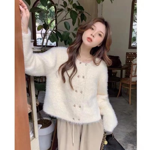 Imitation mink knitted cardigan sweater jacket women's autumn and winter thickened short style 2024 new European goods high-end good-looking