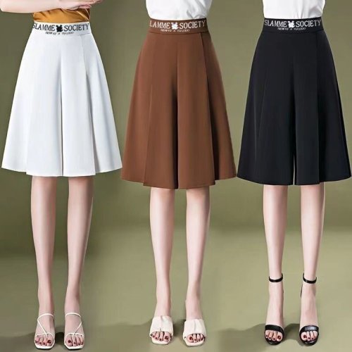 Summer thin high-waisted large size slim-covering six-point wide-leg pants ice silk drape loose knee-length skirt for women