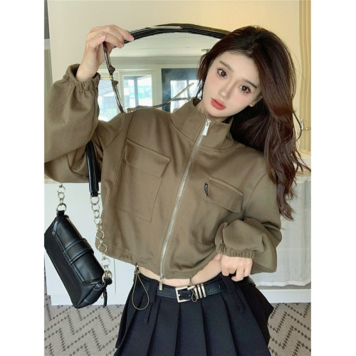 Designed waist drawstring short coat for women in autumn niche street double zipper puff sleeve high waist black top