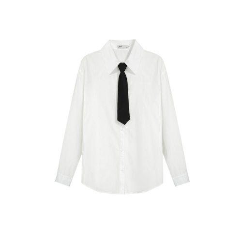 Actual shot of 2024 new autumn clothing white loose tie versatile tops college style shirt inner wear for women